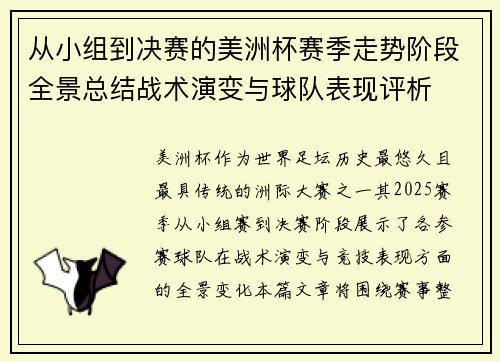 从小组到决赛的美洲杯赛季走势阶段全景总结战术演变与球队表现评析