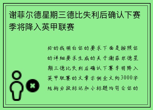 谢菲尔德星期三德比失利后确认下赛季将降入英甲联赛